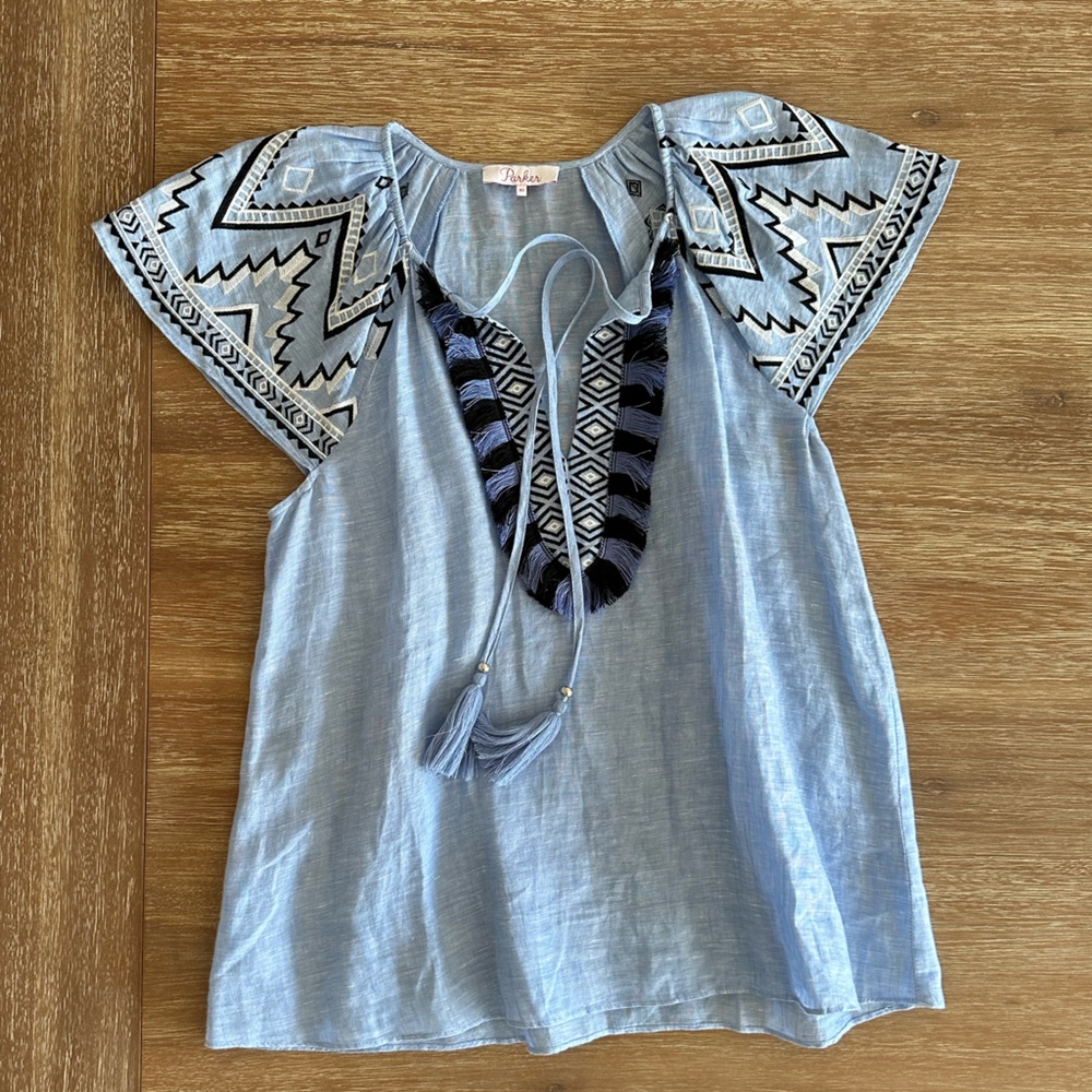 Parker Light Blue Linen Embroidered Tassel Tie Short Sleeve Top
